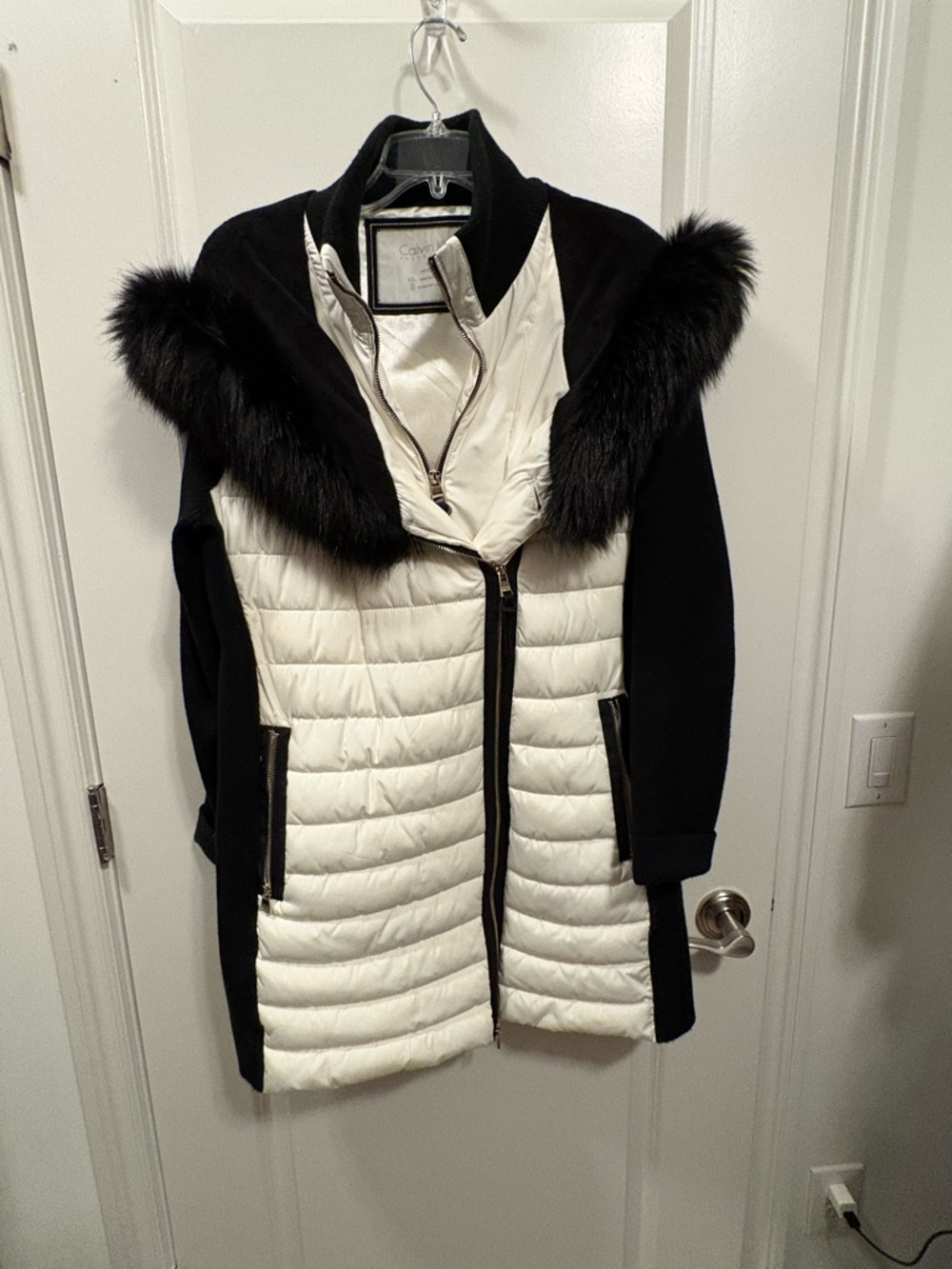 Calvin Klein Black and White Quilted Puffer with Faux Fur Collar
